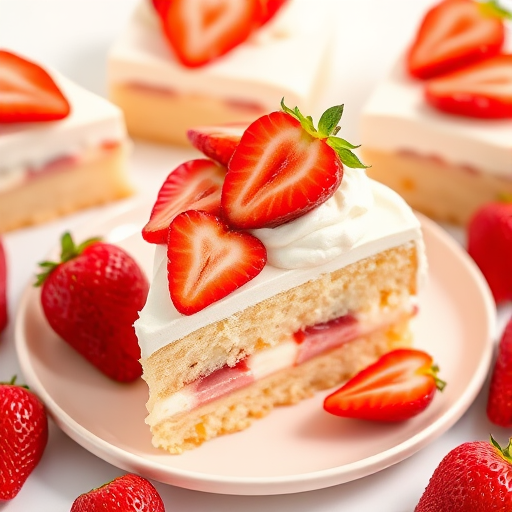 A delicious slice of cake topped with whipped cream and fresh strawberries on a light plate surrounded by more slices and strawberries in a bright setting.