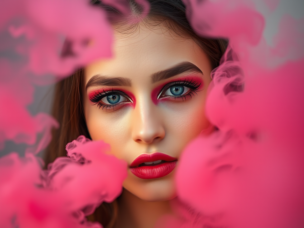 portrait of a young woman with striking makeup and soft pink smoke surrounding her, shallow depth of field, 50mm lens, f/1.8, ISO 100, natural lighting, high dynamic range, captured with a DSLR camera