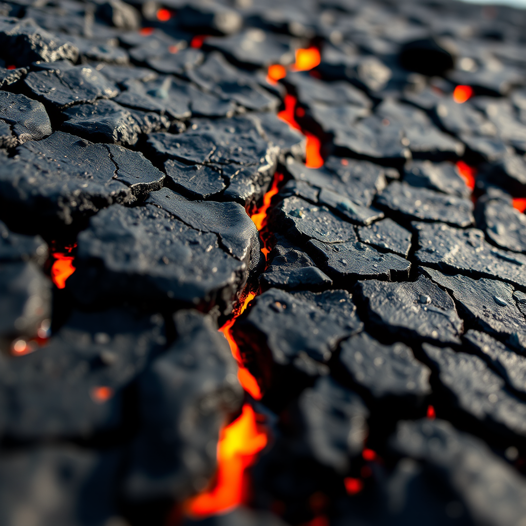 Create an ultra-detailed close-up of a cracked lava surface with molten highlights, using a DSLR camera with a 50mm lens at f/2.8, ISO 100, and a shutter speed of 1/125s, captured in natural light from a low angle to emphasize texture and contrast.