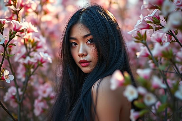 Regenerate an image of a serene woman with long black hair surrounded by blooming flowers, soft natural lighting, shallow depth of field, 85mm f/1.4 lens, shot in portrait mode with a DSLR camera for enhanced detail and quality.