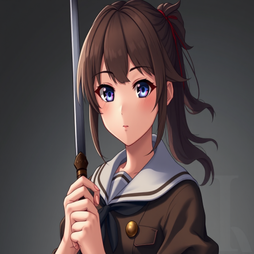 Regenerate a high-resolution image of a young female character wearing a vintage military-inspired outfit with a sailor collar, holding a sword, styled in an anime fashion, shot with a Canon EOS R5 camera at f/1.8, ISO 100, 50mm lens, in soft studio lighting for enhanced detail and contrast.