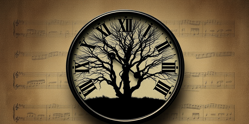 Create an artistic composite image featuring a vintage clock with Roman numerals overlaying a silhouette of a leafless tree against a textured, muted background with faint musical notes, shot with a Canon EOS R5 at f/2.8 aperture, 50mm lens, ISO 100, and a soft focus style.