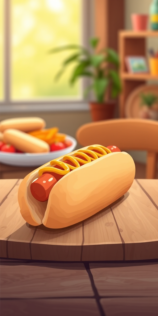Create an illustrated image of a hot dog placed on a wooden table with a soft focus background, using a DSLR camera at f/2.8 aperture, 50mm lens, ISO 100, natural light for enhanced color vibrancy.