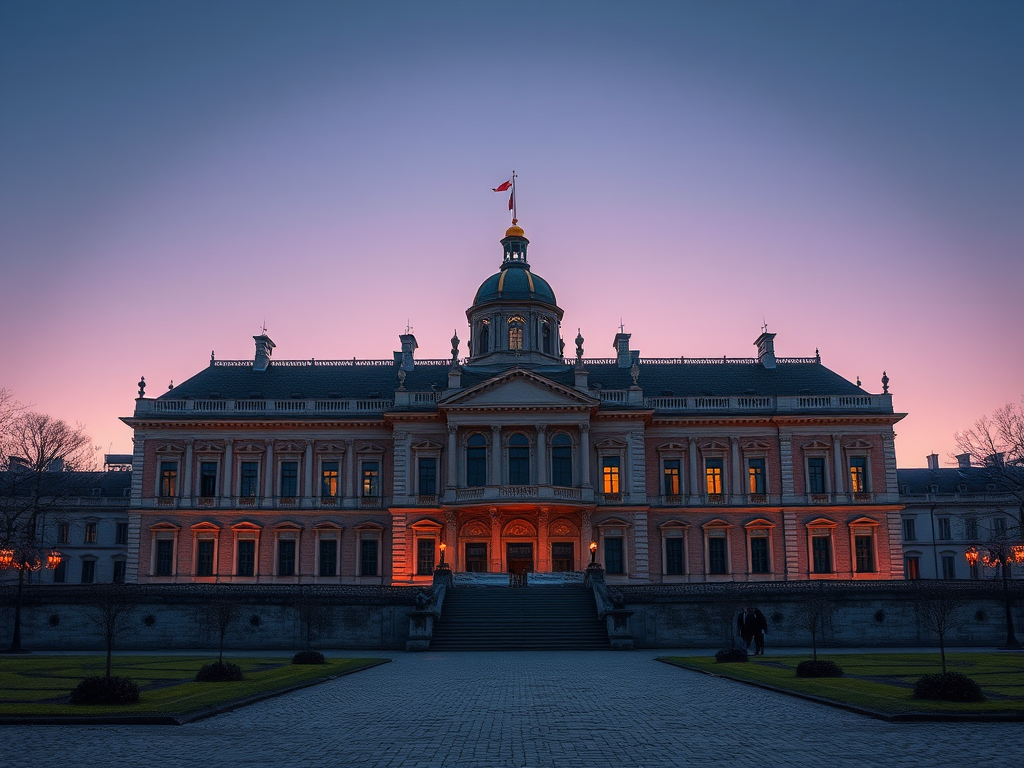 Regenerate a high-resolution image of a historic palace at twilight with a wide-angle view, using a DSLR camera at f/8 aperture, ISO 100, and a shutter speed of 1/30 seconds to capture intricate details and soft lighting.