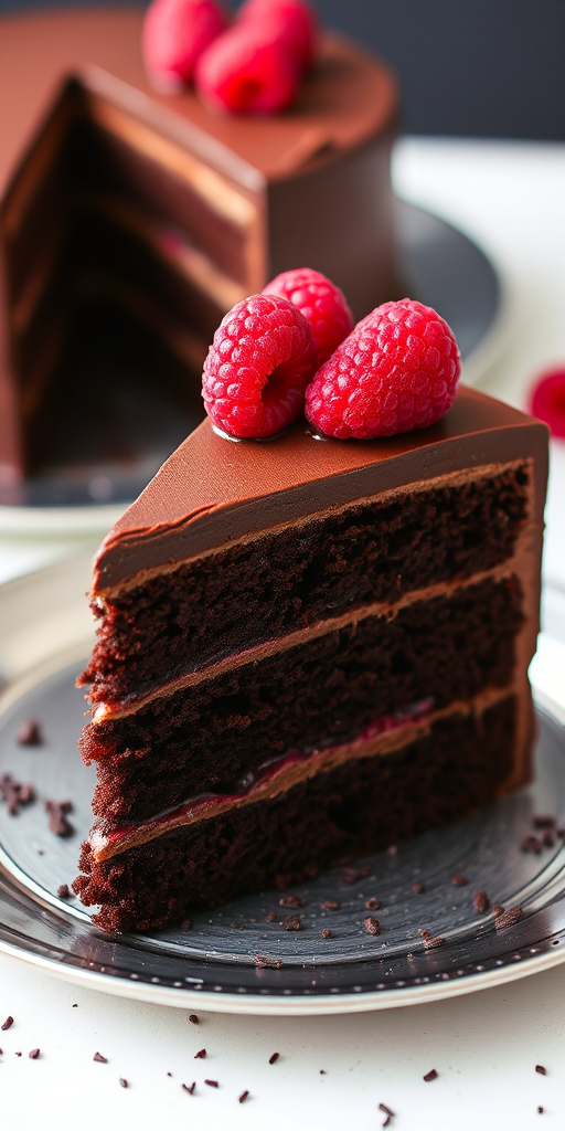 Chocolate cake slice with three layers, filled with raspberry jam, topped with chocolate frosting and fresh raspberries, served on a silver plate with chocolate sprinkles.