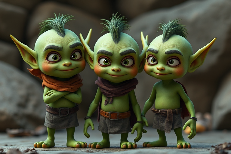 Create an image of three cartoonish green goblin-like characters standing next to each other, with the following camera settings: ISO 100, f/8, shutter speed 1/200s, taken from a slightly low-angle perspective with a wide-angle lens, digital art style.