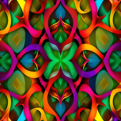 Create a vibrant abstract pattern of intertwined shapes in various colors, using a high-resolution setting of 300 DPI, shot with a Canon EOS R5, 35mm lens, f/8 aperture, ISO 100, top-down view, and soft focus to enhance depth and detail.