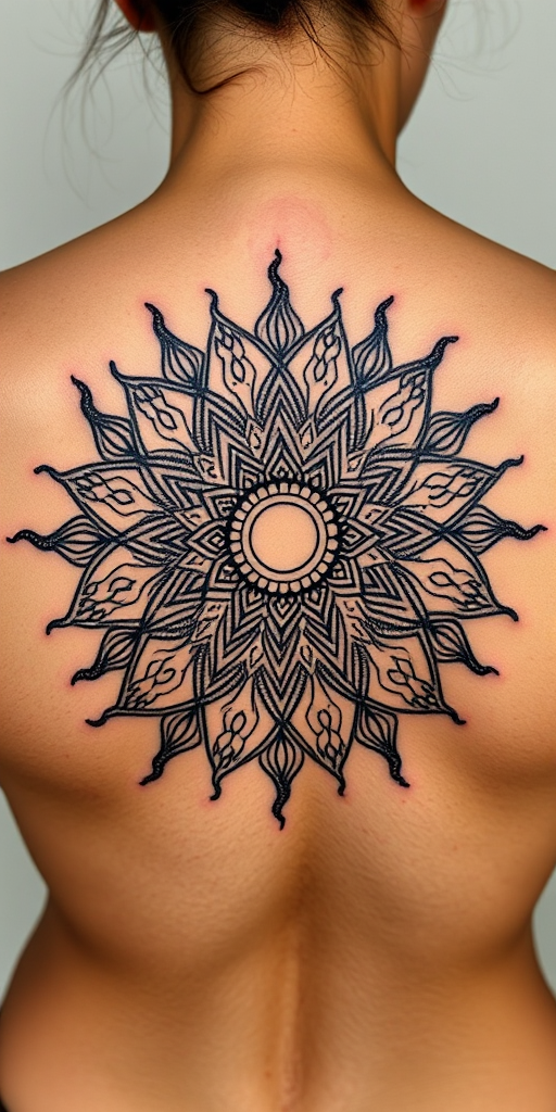 Intricate dotwork body tattoo portraying a detailed mandala sun design on the upper back, created entirely with tiny black dots for a mesmerizing texture and depth