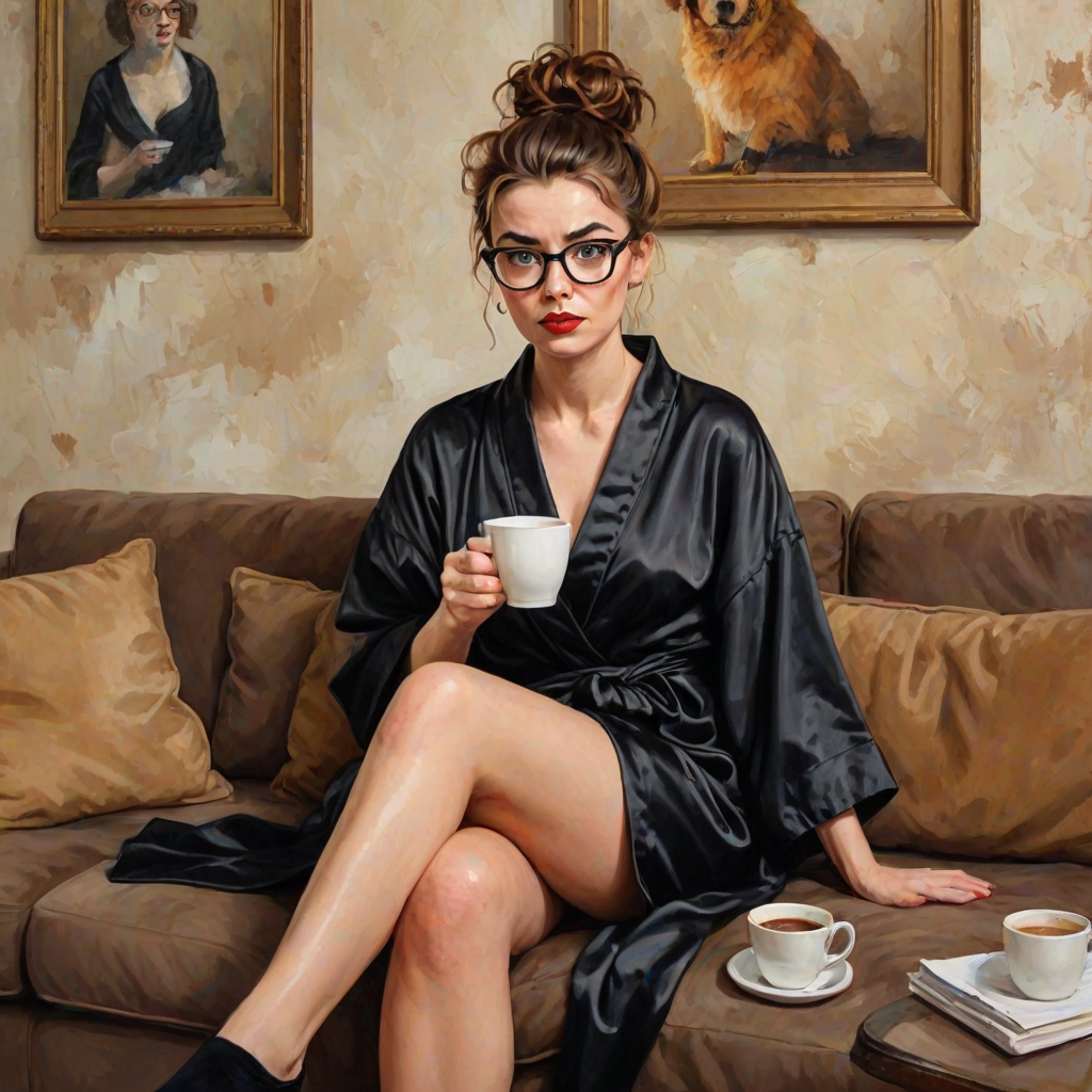 The words ‘Professional Overthinker’ (exact spelling) An exaggerated whimsical illustration of a cute silly lady with unruly messy brown bun and black glasses pouty lips and a thinking expression. Shes sitting on the couch, legs folded wearing a black silk robe, black fuzzy slippers. She’s holding her coffee cup and making a deep-in-thought face.  A quirky scruffy cat (dog) looking at her against a mottled, oil painting style soft background living room setting.