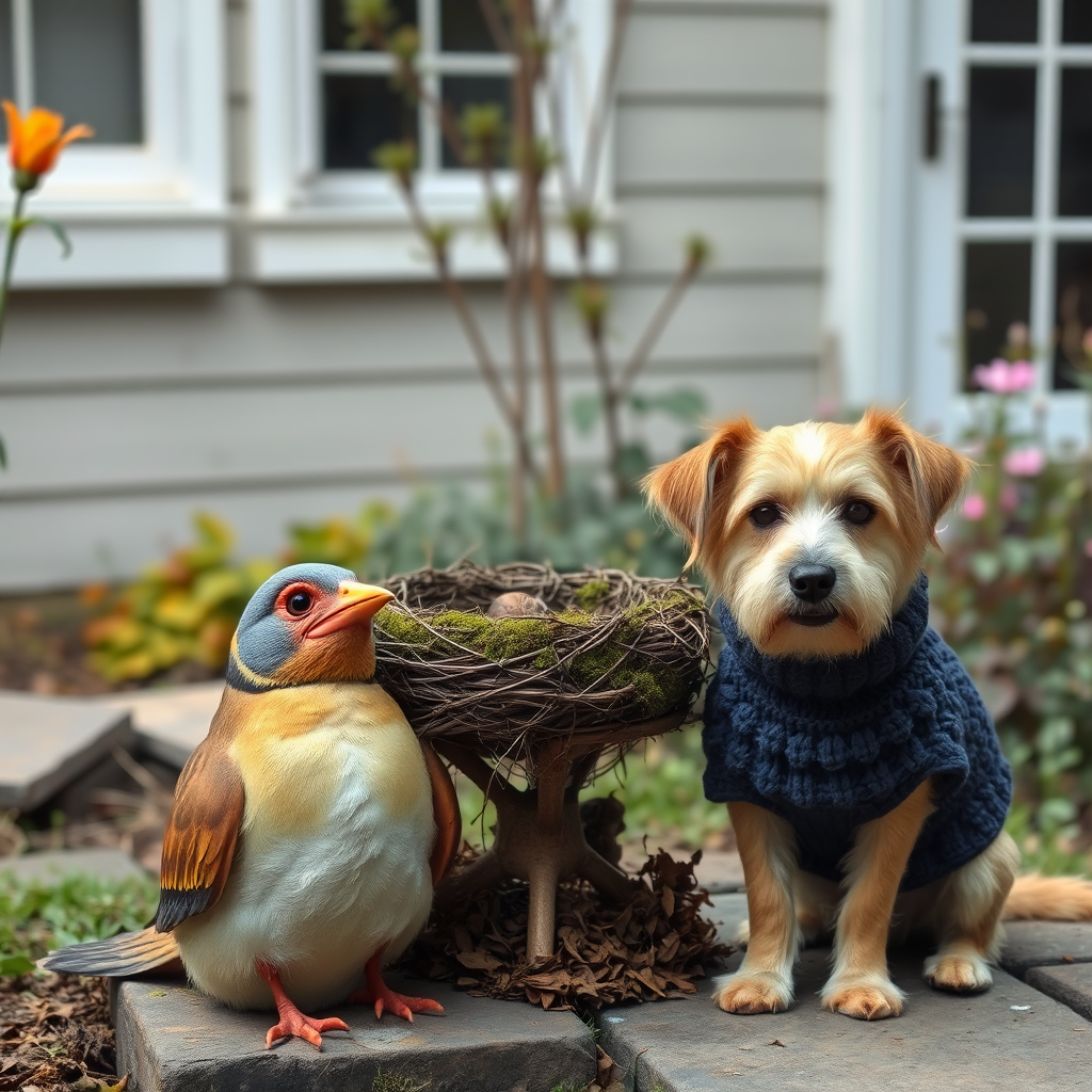 An image of a surreal, whimsical bird, a moss birds nest, sitting nearby is a dog, slightly smiling with a blueberry bobble stitch sweater, muted colors, natural textures, garden at back of house.