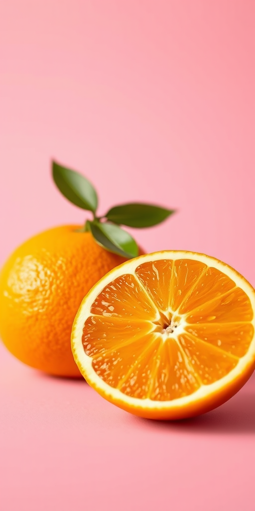 Create a high-resolution illustration of two oranges with a sliced wedge on a soft pink background, shot with a DSLR camera at f/2.8 aperture, 50mm lens, natural lighting, and a shallow depth of field for a smooth bokeh effect.