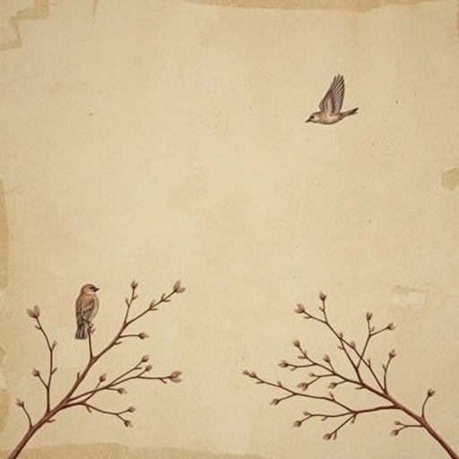 create an artistic background with a vintage texture featuring subtle earthy tones, include delicate illustrations of birds perched on branches and flying, use a DSLR camera setup with a 50mm lens at f/2.8 for shallow depth of field, capture in natural lighting for soft shadows and enhanced details, use a slightly elevated angle to incorporate more of the background texture and ensure a balanced composition