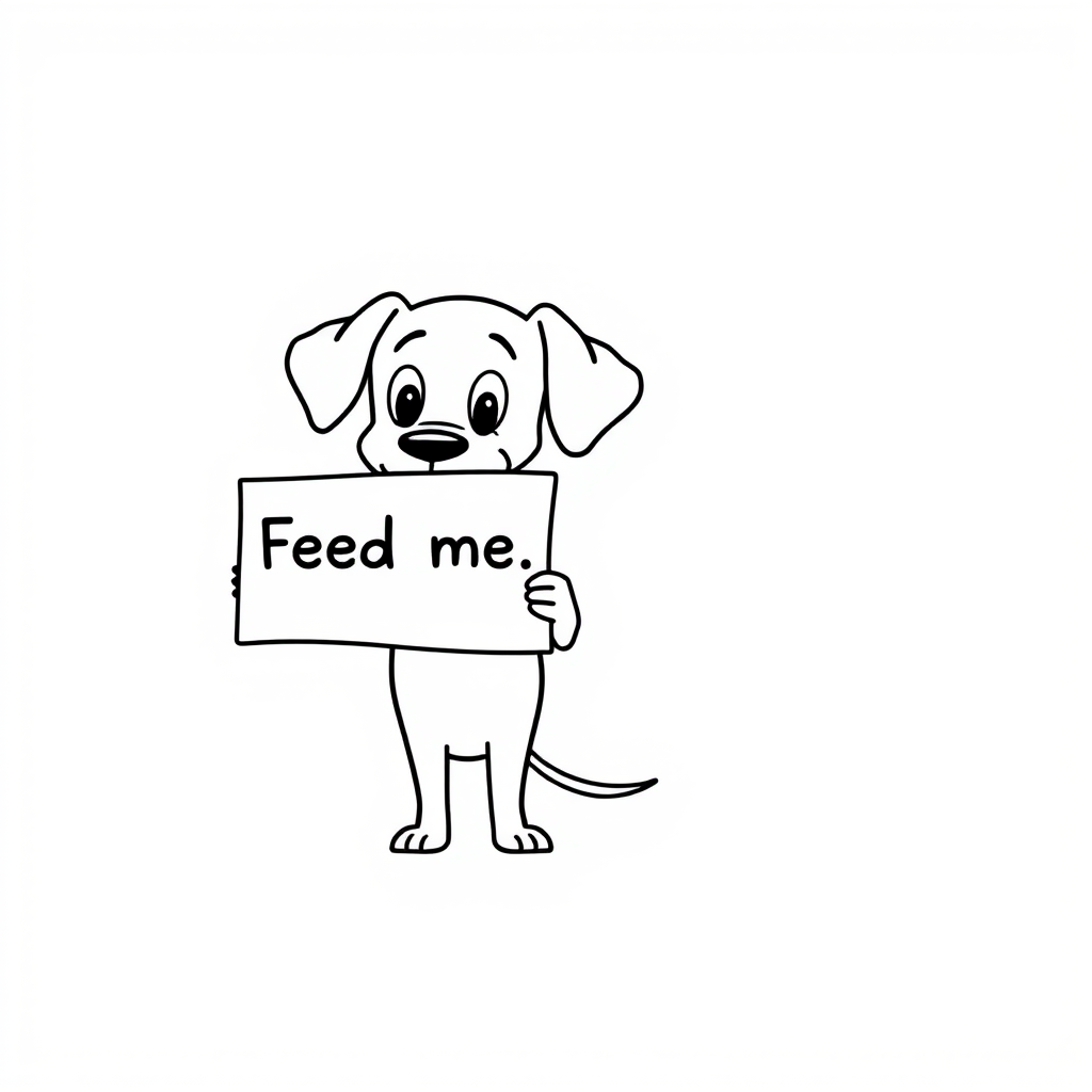 A minimalist cartoon of a PUPPY standing on a blank white background, holding a sign that simply says, 'Feed me.' The puppy is drawn with just a few lines: big eyes, whiskers, floppy ears, and a straight tail, giving it a comically desperate expression.