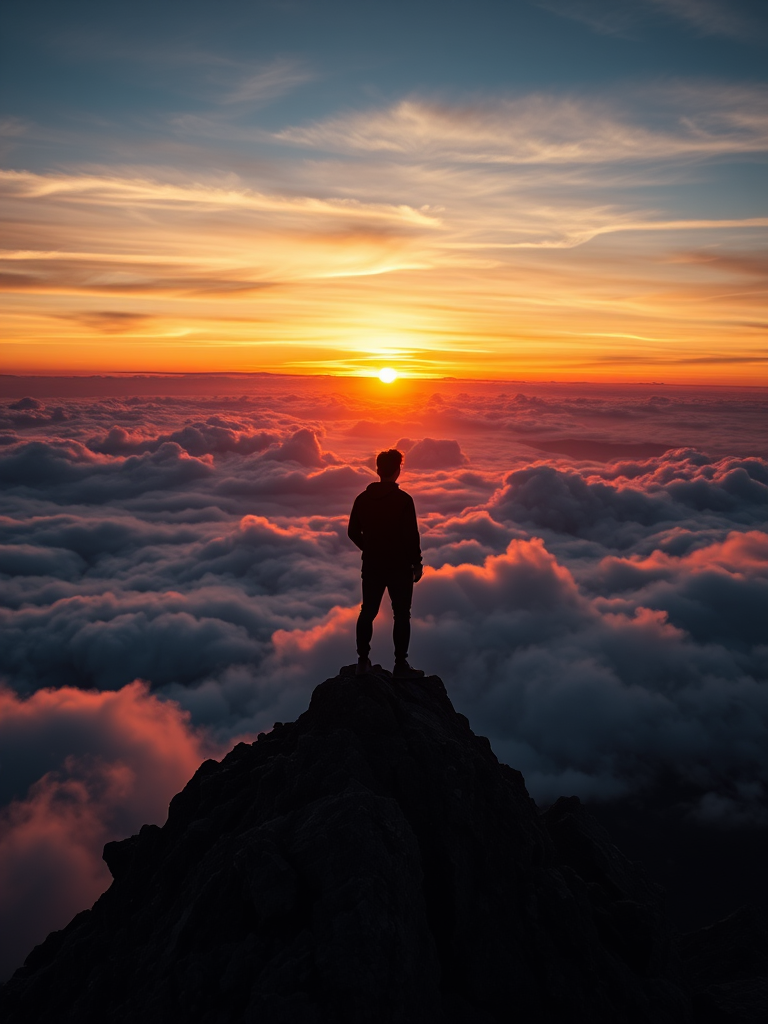 Create an image of a silhouette of a person standing on a mountain peak at sunset, surrounded by clouds, using a Canon EOS R5 camera with a 24mm f/1.4 lens, aperture set to f/8, ISO 100, shot in landscape orientation, with dramatic lighting and vibrant colors.