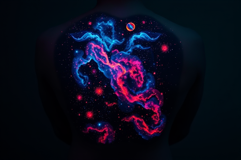 Cosmic blacklight tattoo revealing a hidden galaxy scene on the back when exposed to UV light, with glowing nebulas and shimmering stars