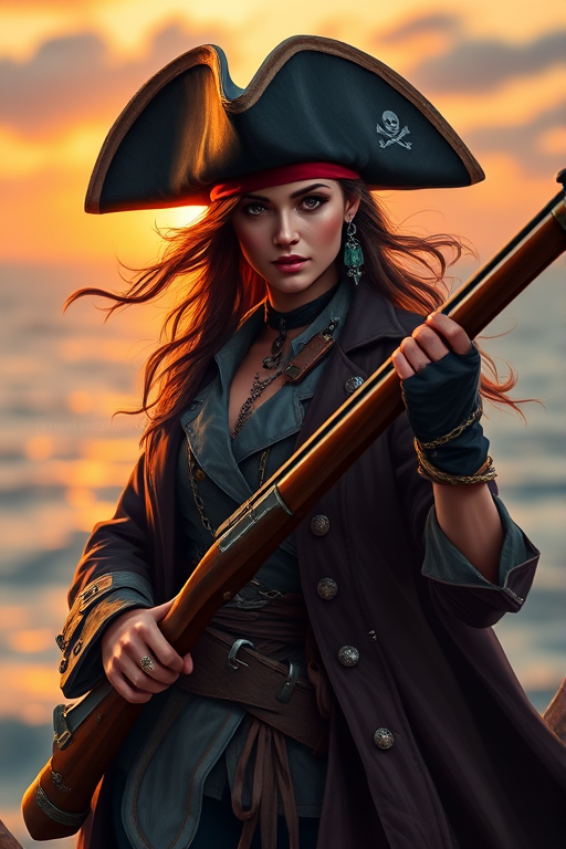 Create a highly detailed digital illustration of a confident female pirate with a long musket, wearing a tricorn hat, open coat, and a pistol holstered at her waist, in a dramatic pose with a blurred ocean background, using a Canon EOS R5 with an 85mm f/1.2 lens, at ISO 100, f/2.8, at sunset for warm lighting and enhanced contrast.