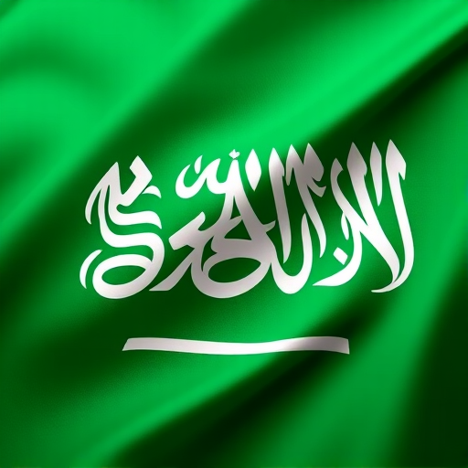 Create a high-resolution image of the Saudi Arabian flag, using a DSLR camera with a 50mm lens, aperture set to f/8, ISO 100, shot from a straight-on view with a soft focus background for enhanced clarity.