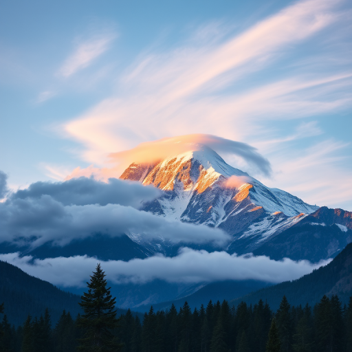 Capture a majestic mountain scene with a snow-capped peak surrounded by wispy clouds and a forested foreground during golden hour, use a DSLR camera at f/8, ISO 100, shutter speed 1/200s, with a wide-angle lens and a low-angle perspective.