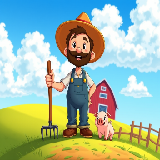 Create a high-resolution illustration of a cartoon farmer standing on a hill with a pitchfork, wearing overalls and a straw hat, a small pig beside him, a red barn in the background, bright blue sky with fluffy clouds, captured in a vibrant, colorful style with a digital art medium, simulating a DSLR camera with a 50mm lens at f/8, ISO 100, and a shallow depth of field to enhance image quality.