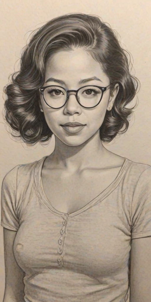 Radiant Cierra Ramirez, pencil sketch, portrait of Lovely woman 1934s in glasses, hair style beatnik, outline, clear lines, fine lines, 8k