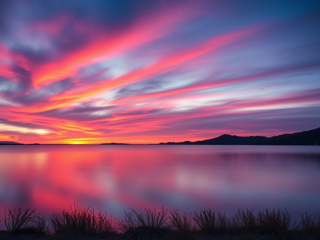 Create a high-resolution image of a serene landscape at sunset, with vibrant colors reflecting off calm water, using a DSLR camera at f/8 aperture, ISO 100, 24mm focal length, shot in landscape orientation, with a soft vignette effect for depth.