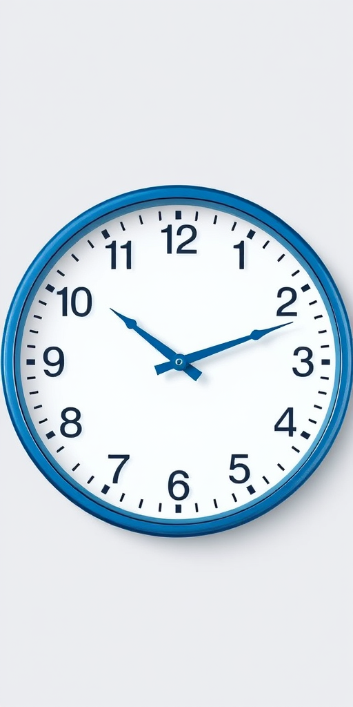 Create a high-resolution vector image of a round clock with a blue border and blue hands on a white face, with a focus on clear detail, using a DSLR camera with a 50mm lens, aperture set to f/2.8, ISO 100, and natural lighting.