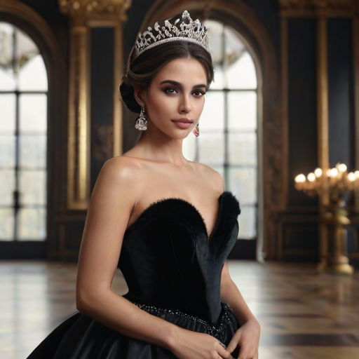 A gorgeous Caucasian woman in a luxurious black gown, accessorized with a dazzling tiara and statement earrings, her deep brown eyes highlighted by impeccable makeup, poised in a royal setting, photorealistic, 8K quality