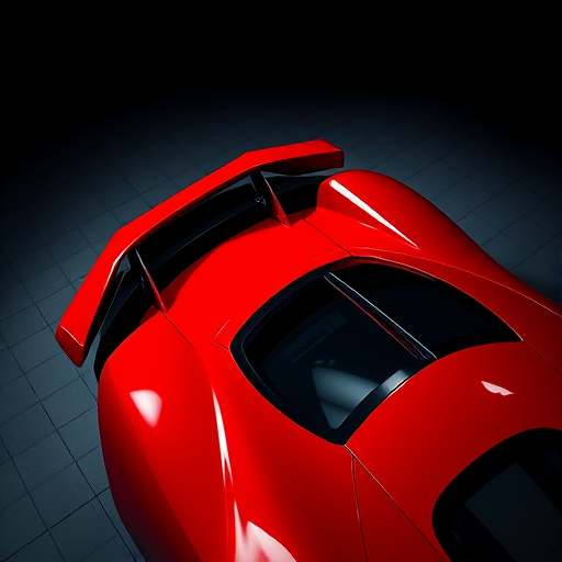 high-angle shot of a sleek red sports car with a prominent rear wing in a dark studio setting, use a Canon EOS R5 with a 24-70mm f/2.8 lens, aperture f/4, ISO 100, long exposure 1/60 sec, enhance lighting for dramatic shadows and highlights