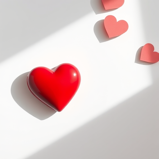 create a glossy red heart on a white background with soft shadows, using a DSLR camera set to f/2.8 aperture, ISO 100, 50mm lens, overhead view, with high-resolution image quality