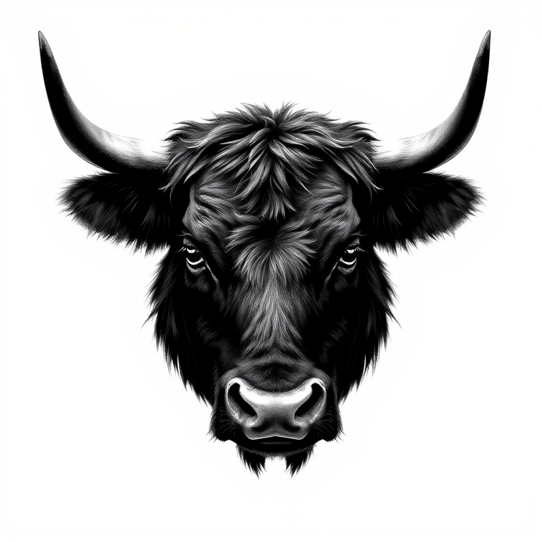 Create a high-contrast black and white illustration of a bull's head with a textured fur outline, using a Canon EOS R5 with a 50mm f/1.2 lens, aperture set to f/8, ISO 100, shot from a frontal view in a soft light studio environment.