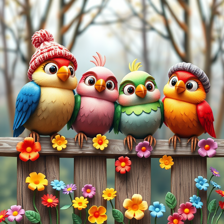 create a scene of 4 quirky  whimsical colourful comical birds each with a funny expression. they are sat on a wooden fence with colourful flowers. they are all different sizes. each one is a different colour  one is wearing a woolly hat. Each one has a different quirky google expression and there is a muted background of trees watercolour paintierly style high definition 8k resolution 3D paper mache