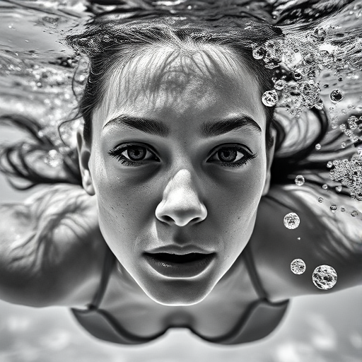 Regenerate a black and white image of a female swimmer underwater, close-up view, capturing her facial expression with water bubbles around her, using a DSLR camera with a 50mm f/1.8 lens, aperture set at f/2.8, ISO 200, shutter speed 1/200s, natural light to enhance clarity and contrast.