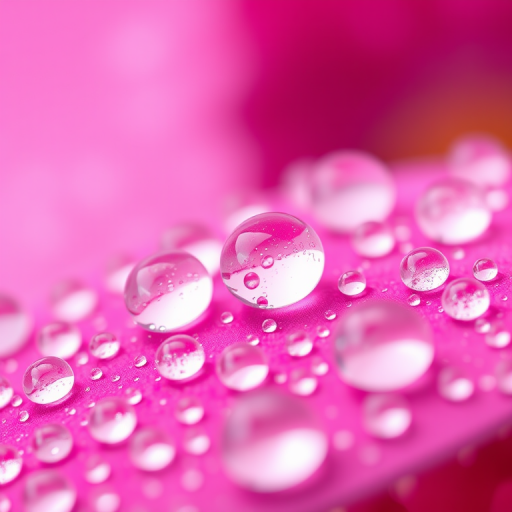 Create a high-resolution close-up image of water droplets on a vibrant pink background with a bokeh effect, using a DSLR camera with a 100mm macro lens, aperture set to f/2.8, ISO 200, and a shutter speed of 1/200 seconds to capture intricate details and enhance overall clarity.