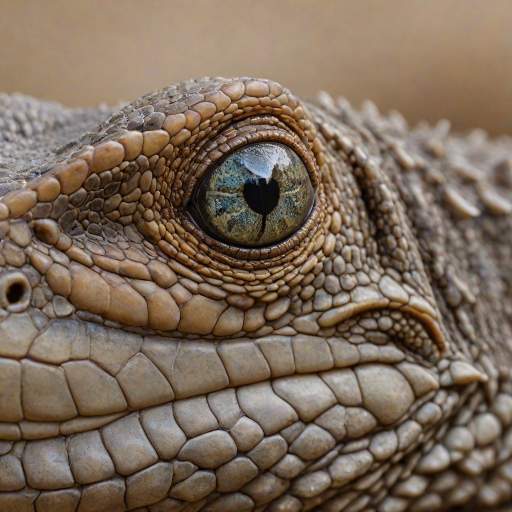 Create a highly detailed close-up image of a lizard with intricate scales, sharp features, and a striking eye, set against a soft, blurred natural background.