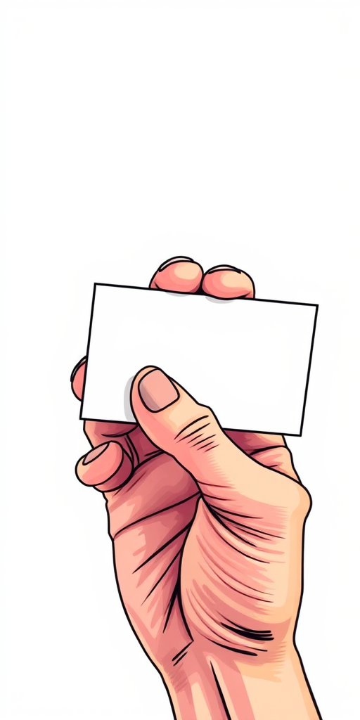Create an illustration of a hand holding a blank business card, using a digital drawing style with a focus on clean lines and vibrant colors, shot from a slight angle to emphasize the texture of the hand, high resolution 300 DPI, using a tablet with a stylus for precision.