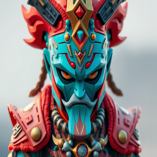 Create a pixel art character in vibrant colors resembling a futuristic warrior with an oversized head, intricate design, and wearing an ornate outfit, captured with a Canon EOS R5 at f/4, ISO 100, 50mm lens, shooting from a slight low angle to emphasize details and depth.