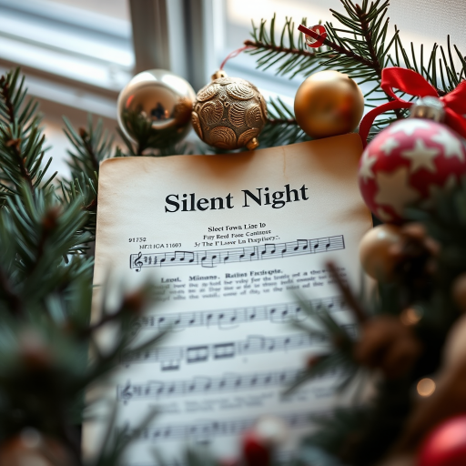 Capture a close-up shot of a vintage sheet music page titled "Silent Night" surrounded by pine branches and decorative ornaments in a soft, natural light, using a DSLR camera with a 50mm lens at f/2.8, ISO 100, and a shutter speed of 1/125 sec to create a warm, nostalgic atmosphere with shallow depth of field.