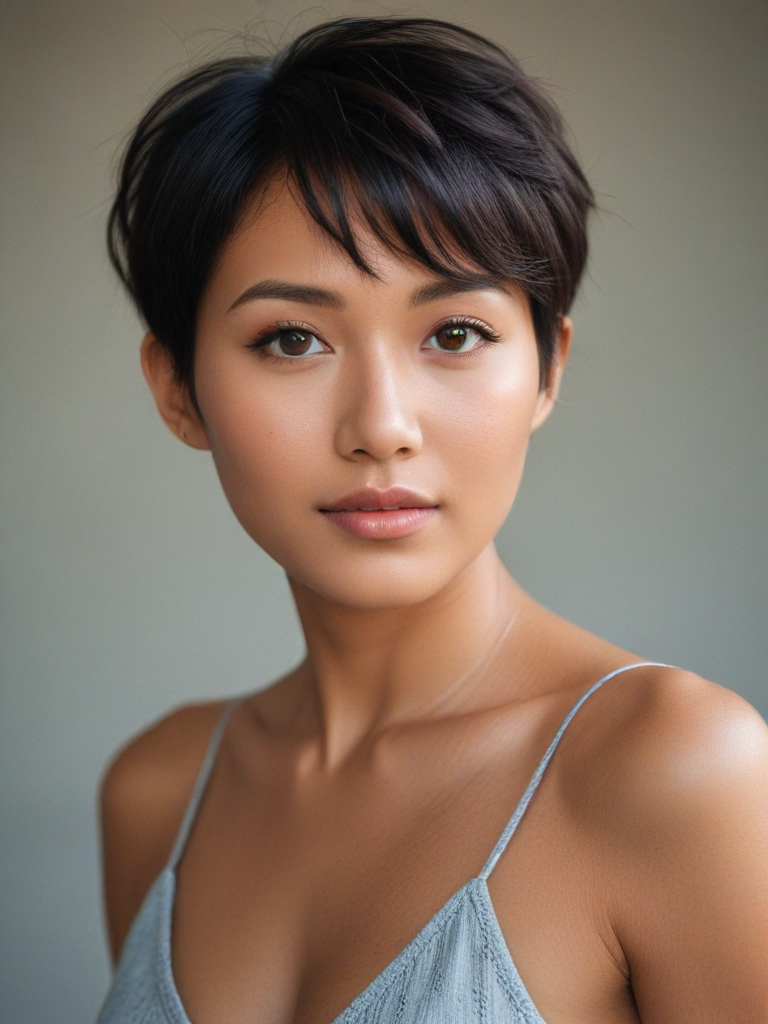 Tanned Asian woman with short hair