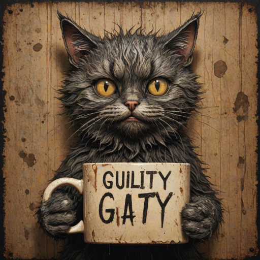 A comical cartoon-like scruffy cat, battered, dirty, with a mug shot and 'guilty' written on the board, in a whimsical and surreal art style with dark fantasy themes, dramatic lighting effects, minimalist and abstract touches, hyper-realistic details, textured backgrounds, vintage aesthetics, playful and exaggerated characters, gothic aesthetics, intricate designs, detailed patterns, and artistic composition