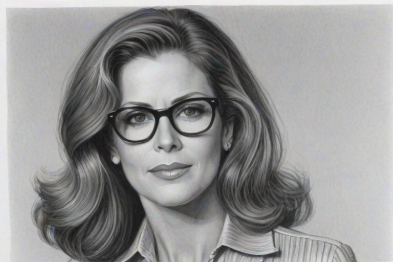 Splendid Rita Wilson, pencil sketch, portrait of Wonderful woman 1944s in glasses, hair style beatnik, outline, clear lines, fine lines, 8k