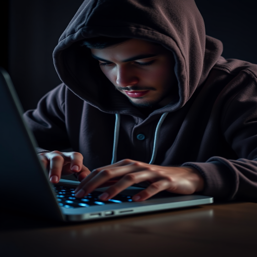Create an image of a person in a hoodie typing on a laptop, using a close-up view, with a high-resolution setting of 24MP, aperture at f/2.8, ISO 100, with soft lighting for a dramatic effect, rendered in a digital art style.