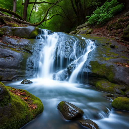 Generate a high-resolution image of a serene waterfall flowing over moss-covered rocks in a lush forest setting, captured with a Canon EOS 5D Mark IV, 24mm lens, f/8 aperture, ISO 100, shutter speed 1/4 sec, using a tripod for stability and a soft focus effect for enhanced tranquility.