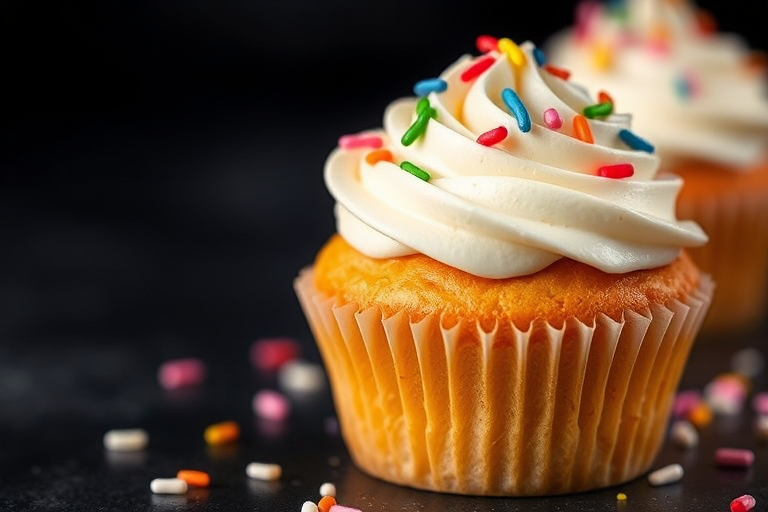 A close-up image of a delicious cupcake with white frosting swirls topped with colorful sprinkles on a dark background showcasing a few scattered sprinkles around the base.
