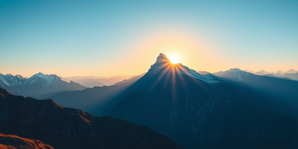 Create a vivid illustration of a serene mountain landscape during sunrise with a clear blue sky, captured with a Canon EOS R5, 24-70mm lens at f/8, ISO 100, shutter speed 1/125s, using a wide-angle view for enhanced depth and clarity.