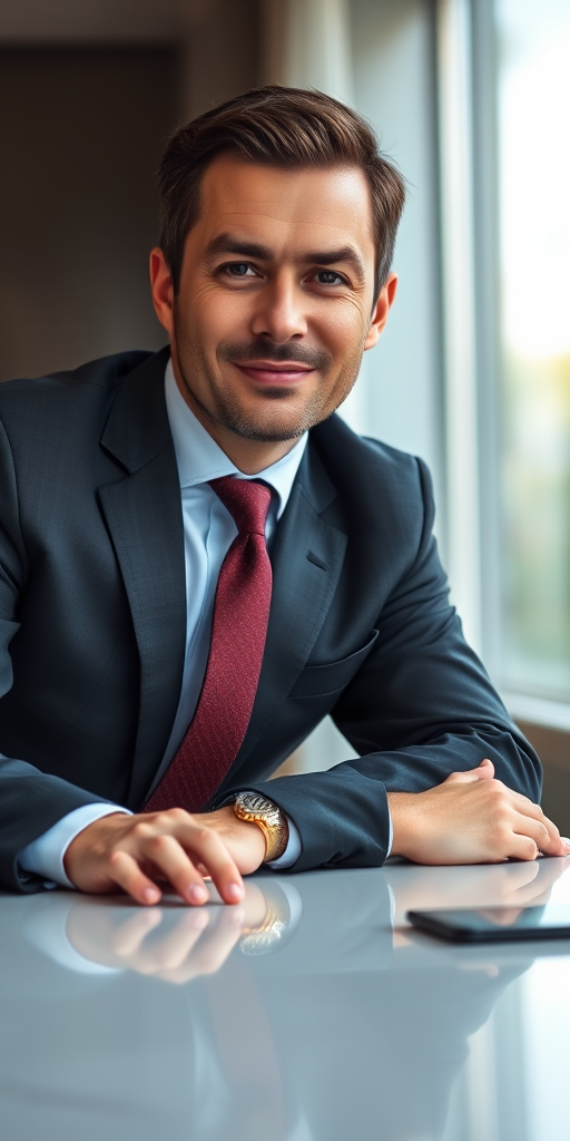 A professional man in a suit leaning over a table with a confident posture, captured in high resolution with a 50mm lens, f/2.8 aperture, ISO 100, natural lighting, shot from an eye-level angle using a DSLR camera.