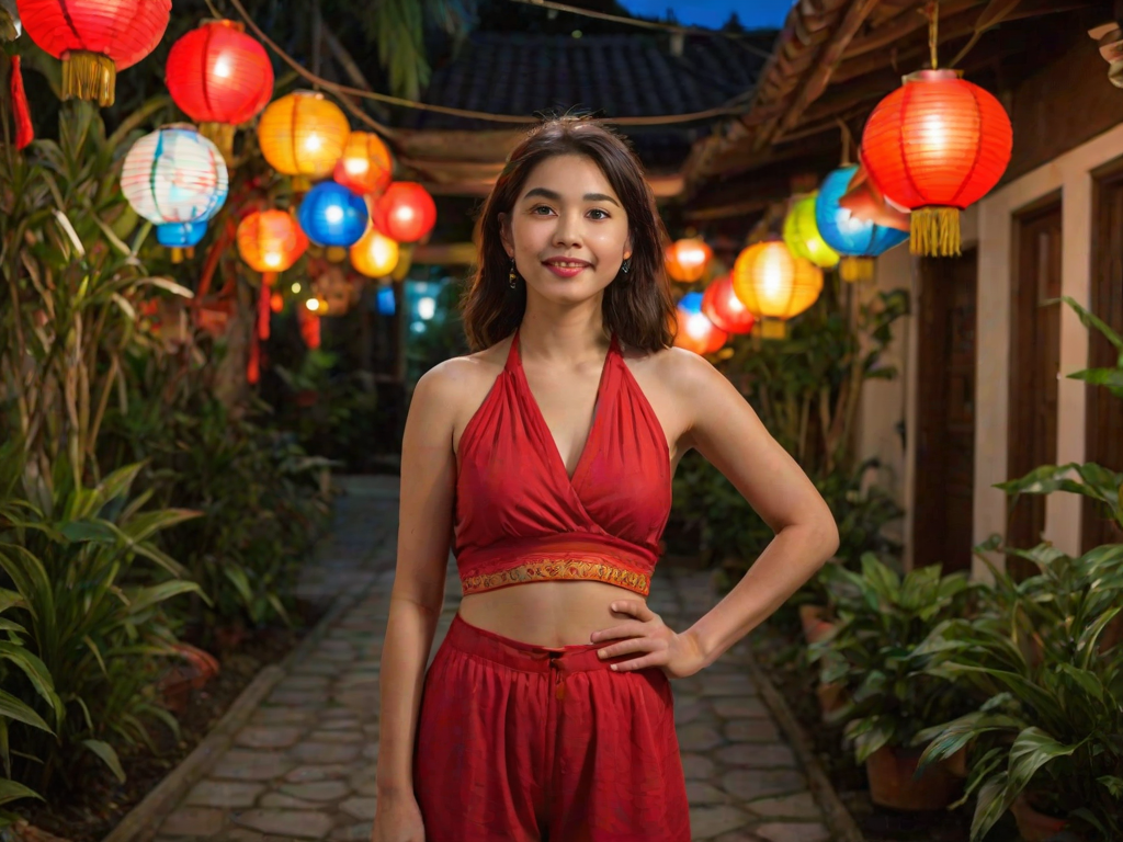 A young woman wearing a red halter top holding a colorful fish lantern, standing in a traditional setting with plants and lanterns in the background.