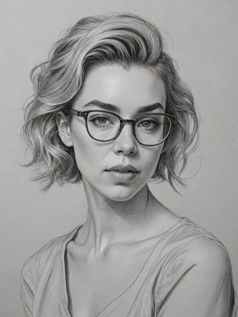 Exquisite Vanessa Kirby, pencil sketch, portrait of Superb woman 1968s in glasses, hair style beatnik, outline, clear lines, fine lines, 8k