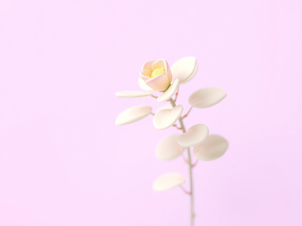 Create an abstract floral illustration with soft pastel colors, showcasing a stylized plant with rounded leaves against a light purple background, captured with a DSLR camera at f/2.8, 1/100 sec, ISO 100, with a shallow depth of field for a soft bokeh effect.
