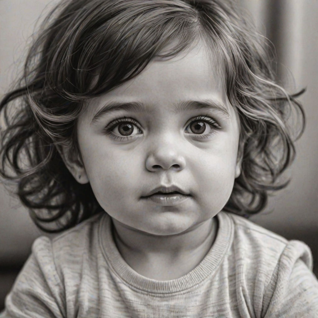 A hyperdetailed photorealistic black and white sketch of a beautiful toddler with deep brown eyes, with a macro focus