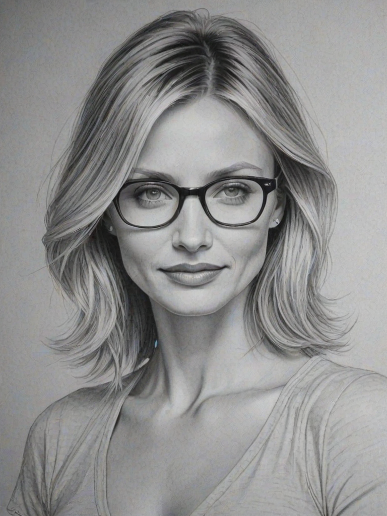 Graceful Cameron Diaz, pencil sketch, portrait of Lovely woman 1979s in glasses, hair style beatnik, outline, clear lines, fine lines, 8k